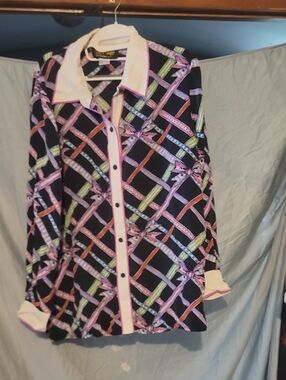 Bob Mackie Black Silk Blouse with Multicolor Ribbon Print